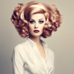 A woman with voluminous, curled hair poses in a white shirt against a neutral background. She has bold makeup with red lipstick and dramatic eye makeup.