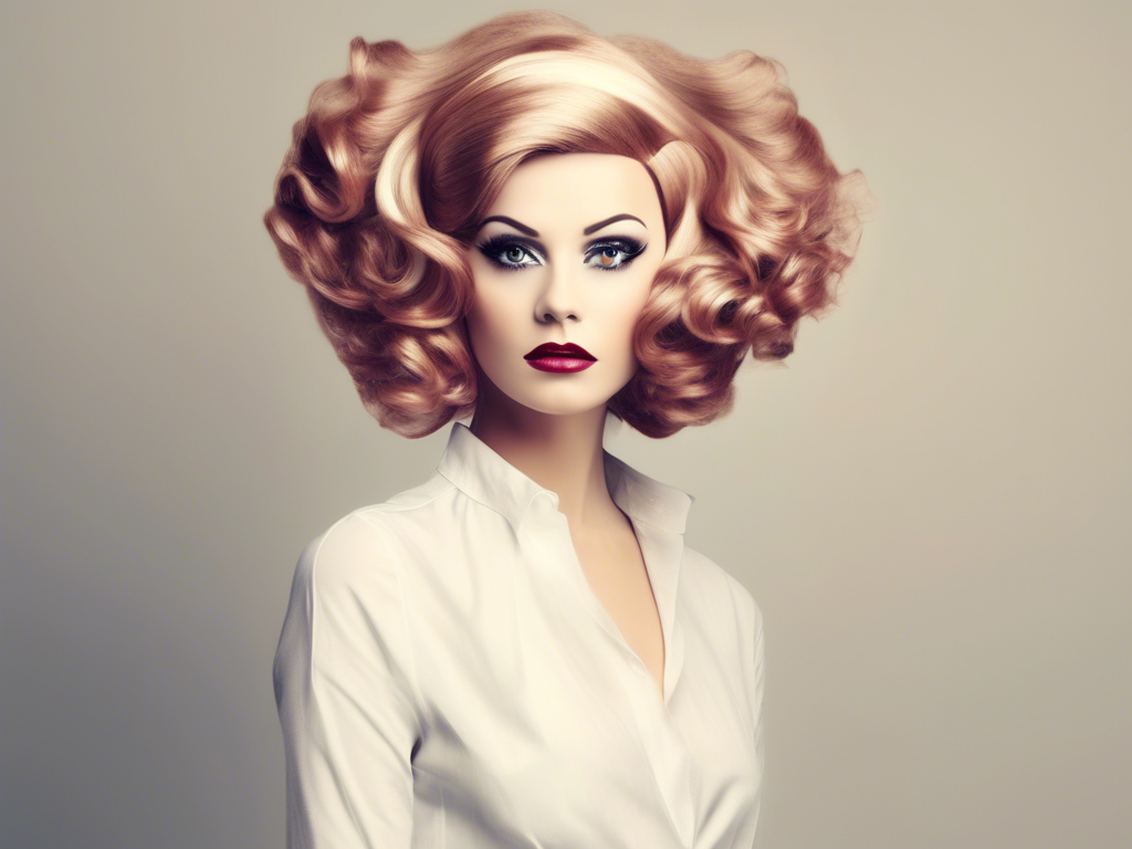 A woman with voluminous, curled hair poses in a white shirt against a neutral background. She has bold makeup with red lipstick and dramatic eye makeup.