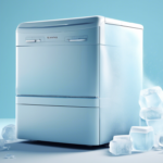 A white refrigerator stands against a light blue background, with ice cubes scattered around its base.