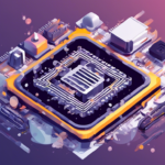 A detailed, artistic rendering of a computer microchip with various circuits and components, set against a gradient background of purple and pink hues.