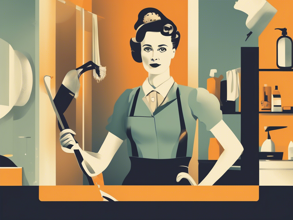 Illustration of a woman in vintage attire, holding a vacuum cleaner in a mid-century modern styled room with cleaning supplies visible in the background. The image uses a color palette of orange and teal.
