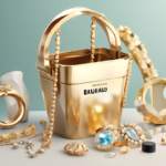 A gold handbag with "Bauhaus" written on the front is surrounded by various pieces of gold and pearl jewelry, including necklaces, rings, and earrings.