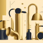 A collection of gold and black household objects including a pump bottle, a bell-shaped lamp, a faucet, a pitcher, and other cylindrical items are arranged against a beige background.