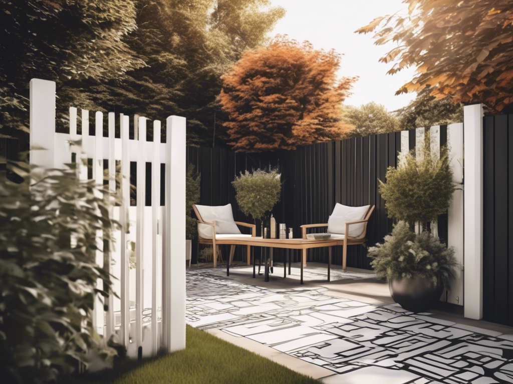A modern, minimalist outdoor patio features a black fence, white gate, geometric tile flooring, and two chairs with a wooden table. The area is surrounded by green and red foliage.