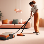 A person is vacuuming a carpet in a stylish living room with a large, modern vacuum cleaner. The room has a pink couch, colorful pillows, large windows, and potted plants.