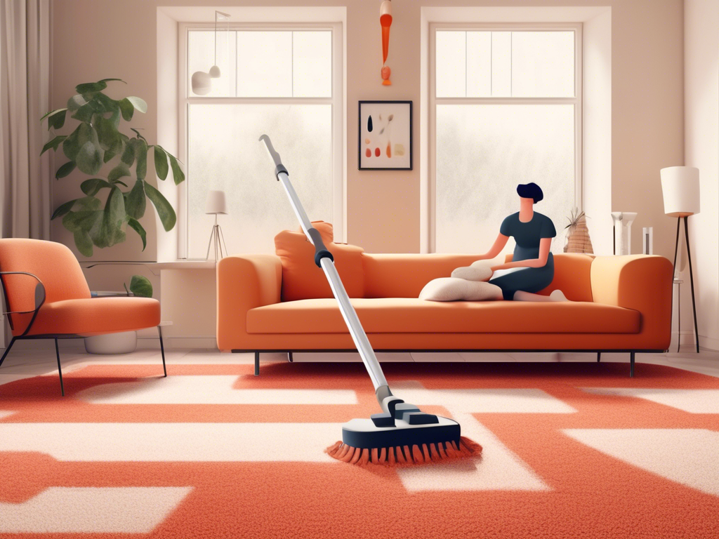 A person sits on an orange sofa holding a cushion in a modern living room. A robotic vacuum cleaner is seen cleaning the patterned carpet on the floor. Minimalist decor includes a plant and framed art.