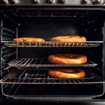 Three loaves of bread baking on separate racks inside a stainless steel oven.