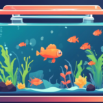 A fish tank with six orange fish, various green plants, and some decorative rocks and corals inside.