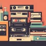 Illustration of various retro electronic devices, including cassette tapes, a rotary phone, and bottles, stacked on a surface against a plain background.