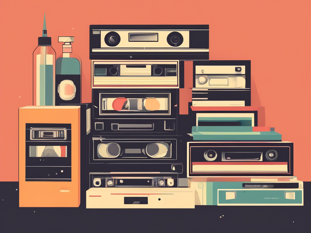 Illustration of various retro electronic devices, including cassette tapes, a rotary phone, and bottles, stacked on a surface against a plain background.