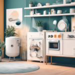 A modern laundry room features a washing machine, dryer, and storage cabinets. Shelves above hold various items, and potted plants add greenery to the space. A round rug lies on the wooden floor.