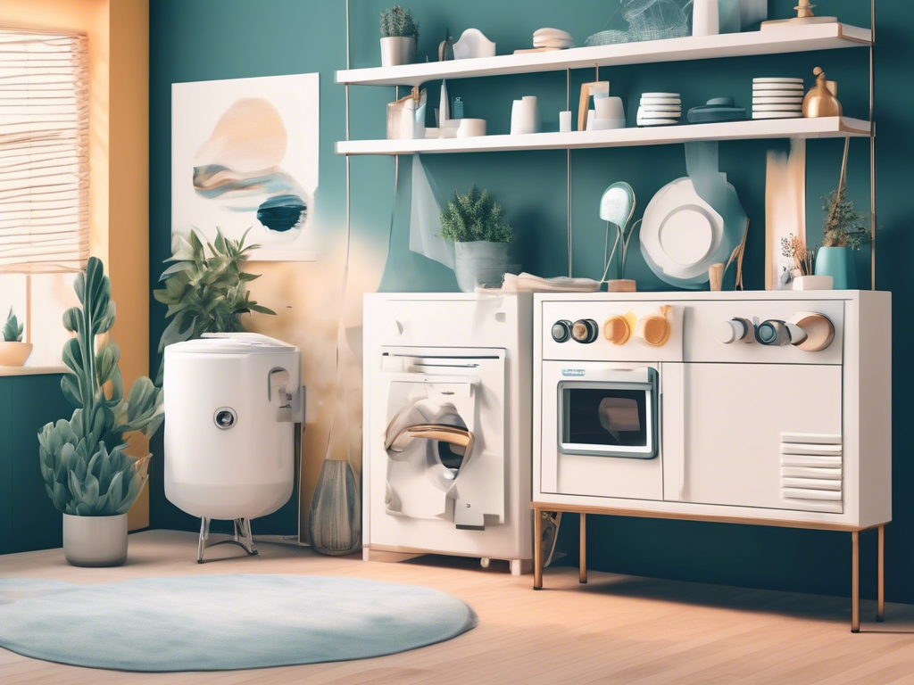 A modern laundry room features a washing machine, dryer, and storage cabinets. Shelves above hold various items, and potted plants add greenery to the space. A round rug lies on the wooden floor.