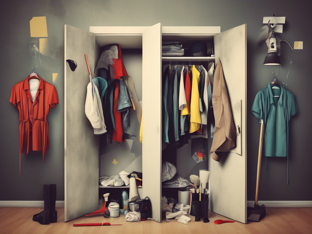 An open closet with a mix of clothes hanging and disorganized items like cleaning supplies, a broom, and shoes on the floor. The closet appears cluttered and untidy.