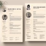 Two stylized resumes displayed side by side on a beige surface with a pencil and plant in the top left corner. Each resume features a profile photo, personal information, skills, and experience summary.