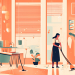 A woman is vacuuming the floor in a brightly lit, modern living space with plants, shelves, and wall decor.