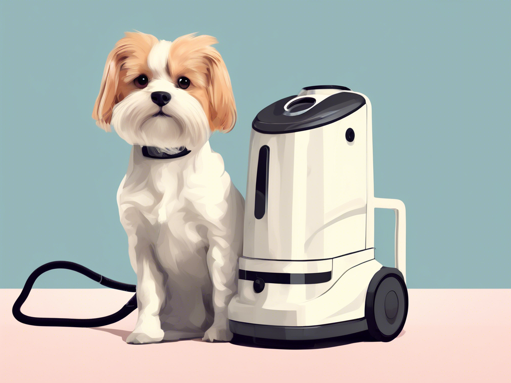 A small dog sits beside a modern white vacuum cleaner against a minimalist blue and pink background.