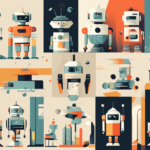 A collage of various stylized robots with different shapes, colors, and designs, arranged in a grid pattern against a neutral backdrop with orange and gray accents.