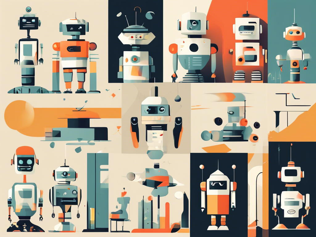 A collage of various stylized robots with different shapes, colors, and designs, arranged in a grid pattern against a neutral backdrop with orange and gray accents.