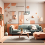 A modern living room with a teal and peach color scheme, featuring a teal sofa, peach armchair, abstract wall art, hanging lights, and several potted plants.