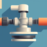 Illustration of a plumbing valve assembly with beige, orange, and gray components against a blue background. A small part of the top-left corner contains text.