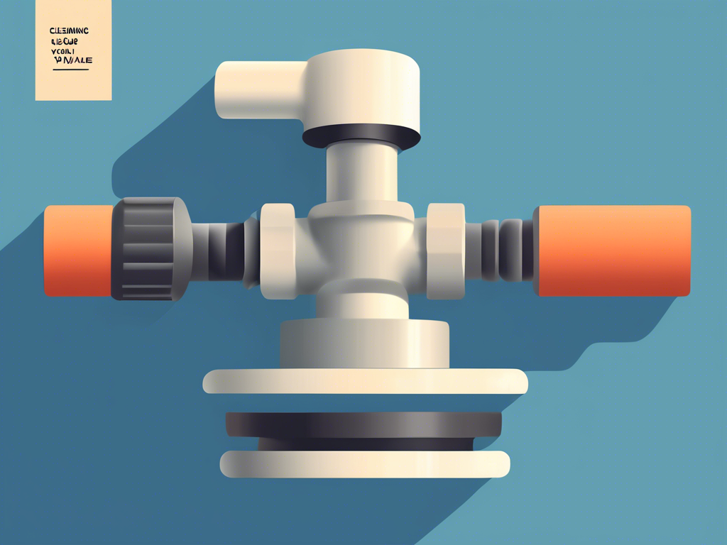 Illustration of a plumbing valve assembly with beige, orange, and gray components against a blue background. A small part of the top-left corner contains text.