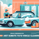 Illustration of a worker cleaning a car at a vehicle washing station. The vehicle is covered in soap suds, and cleaning equipment is visible. The text at the bottom is distorted and unreadable.