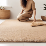 A person kneeling on a beige carpet while cleaning it with a small handheld brush. Woven baskets and a potted plant are in the background of a bright, minimalistic room.