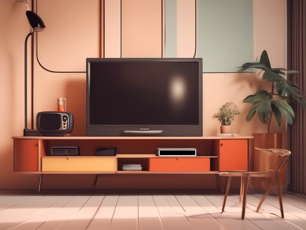 A modern living room setup featuring a flat-screen TV on a mid-century style wooden stand with colorful drawers, a retro TV, potted plants, a floor lamp, and a transparent chair.