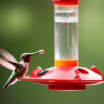 A hummingbird feeds from a red and transparent bird feeder against a blurred green background.