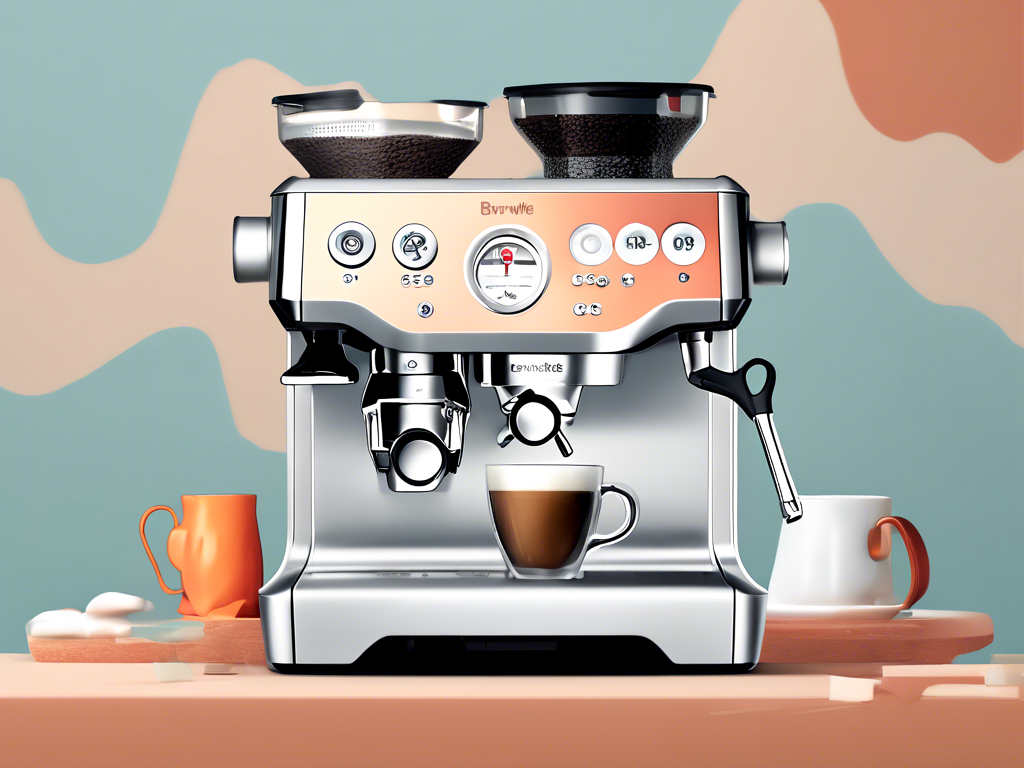 A Breville espresso machine with two coffee grinders, a steaming wand, and a cup of coffee on the tray. Two cups are on the wooden table against a colorful background.