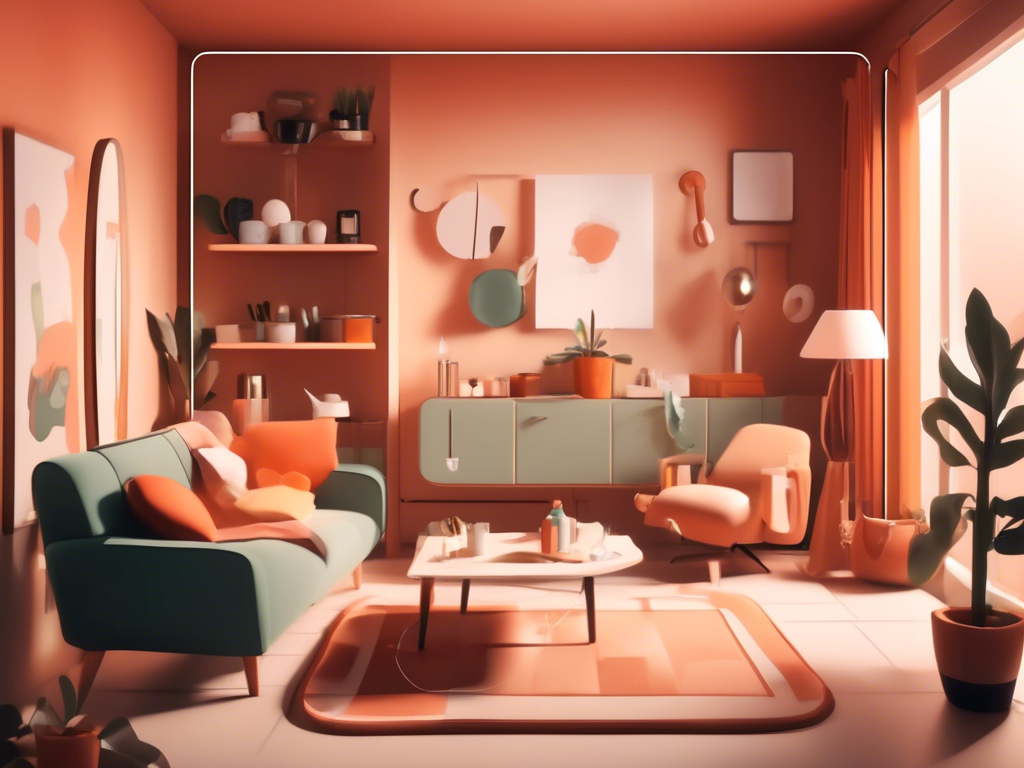 A modern living room features a green sofa, an orange armchair, a coffee table, wall art, shelves with decor, potted plants, and a floor lamp. The room is decorated in earth tones with natural light.