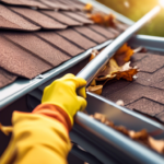 A person wearing yellow gloves is cleaning leaves from a house gutter using a tool on a sunny day.