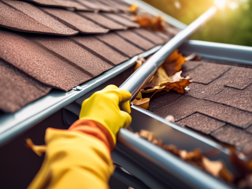 A person wearing yellow gloves is cleaning leaves from a house gutter using a tool on a sunny day.