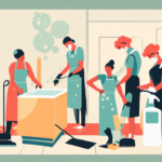 Illustration of four people wearing aprons, gloves, and masks, using various cleaning tools to clean a room. They appear to be deep cleaning, with a mop, vacuum, and cleaning sprays visible.