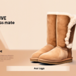 A pair of brown Ugg boots with white fur lining, displayed against a beige background. The boots are the focus with some indistinguishable text on their left and below them.