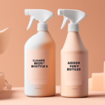 Two spray bottles with abstract text labels are displayed on a beige background. Various geometric shapes surround them.