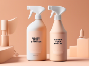 Two spray bottles with abstract text labels are displayed on a beige background. Various geometric shapes surround them.