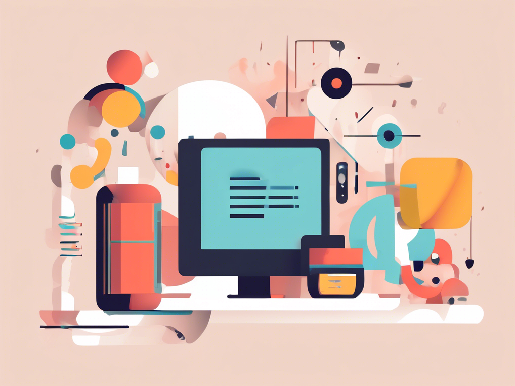 Abstract illustration of a computer monitor surrounded by geometric shapes and digital elements on a light background.